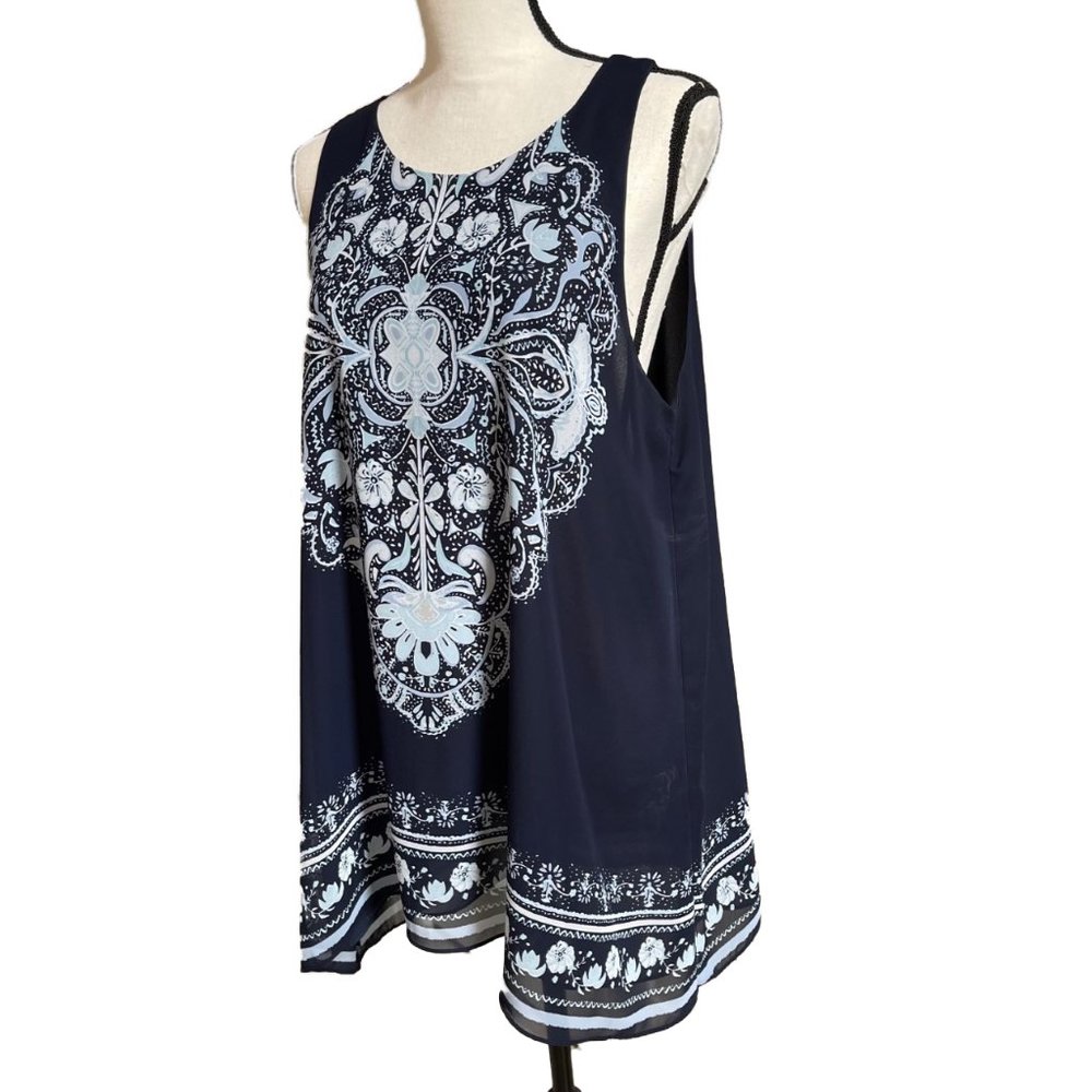 MAX STUDIO Sleeveless Tunic Top Sheer Crepe Navy Light Blue Lined XL - Picture 2 of 12